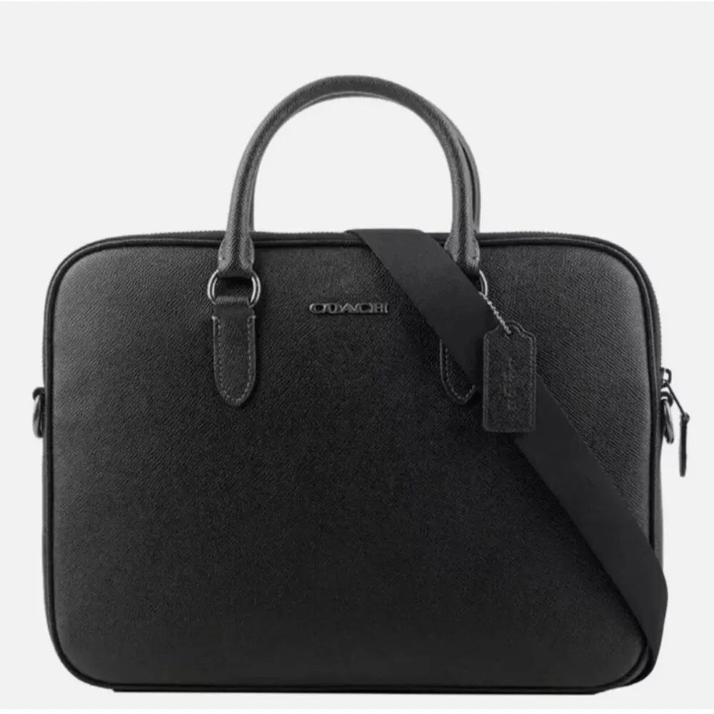 NEW Coach Liam Crossgrain Black Leather Compact Briefcase Small  Laptop Bag $450